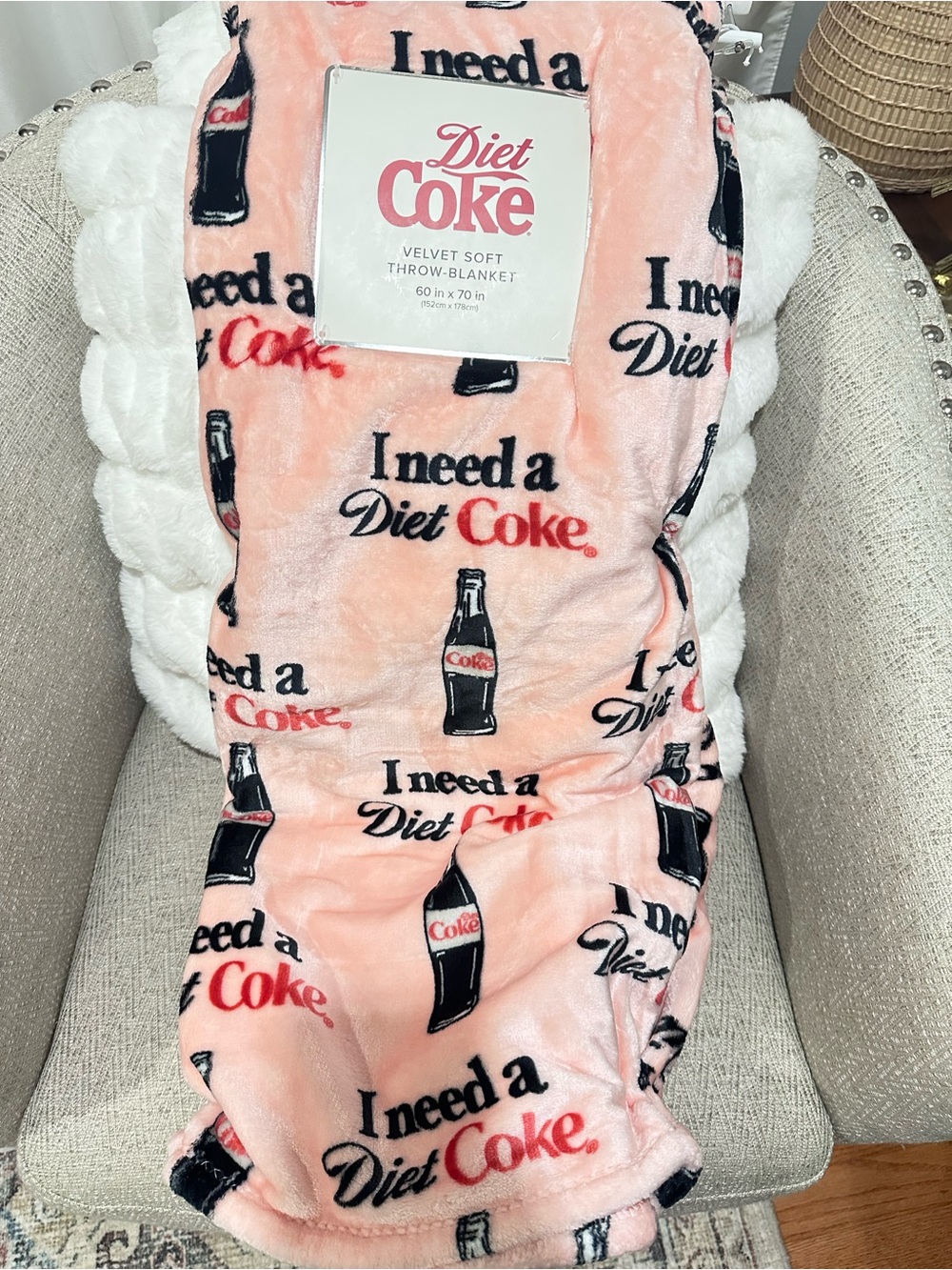 Coca Cola Pink I need a Diet Coke Velvet Soft Throw Blanket 60” x 70”